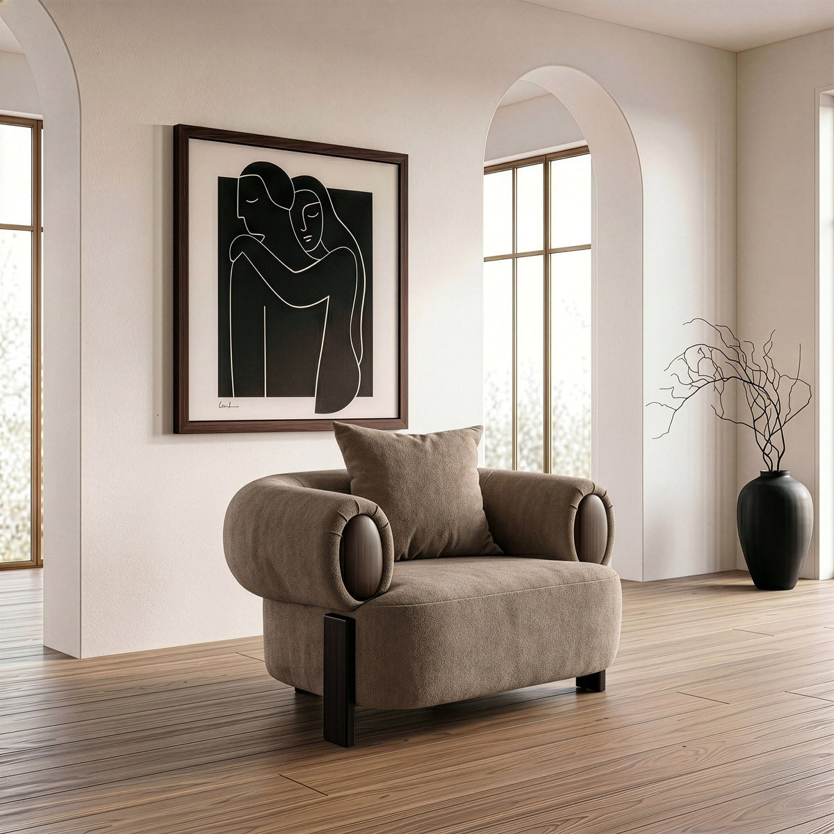 Tan Fabric Accent Chair, Modern Round Arm Lounge Chair with Wood Accents