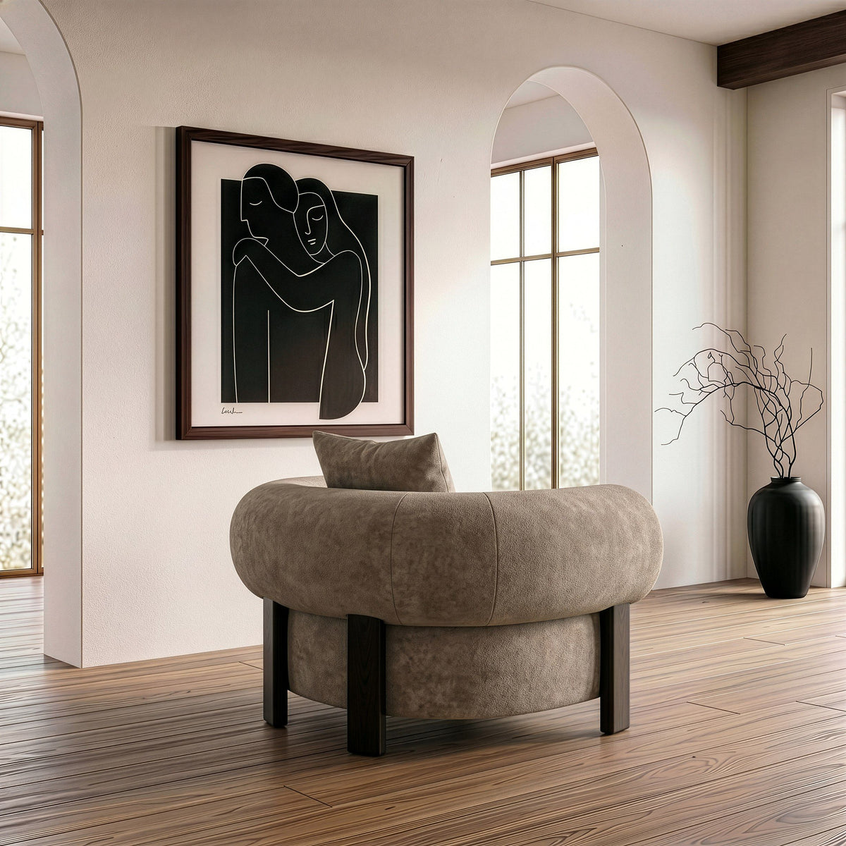 Tan Fabric Accent Chair, Modern Round Arm Lounge Chair with Wood Accents