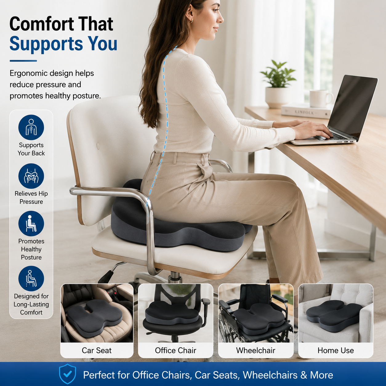 Bloomorix™ Premium Memory Foam Seat Cushion – Non-Slip Comfort Support