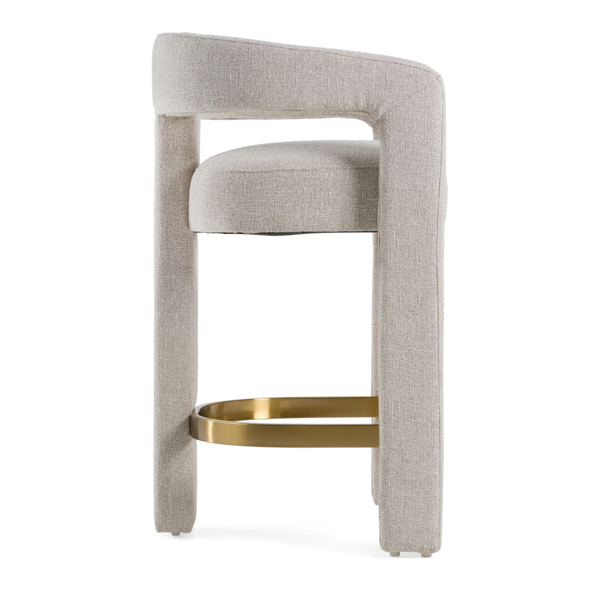 Beige Linen Counter Stool, Counter Chair with Arms and Brass Footrest