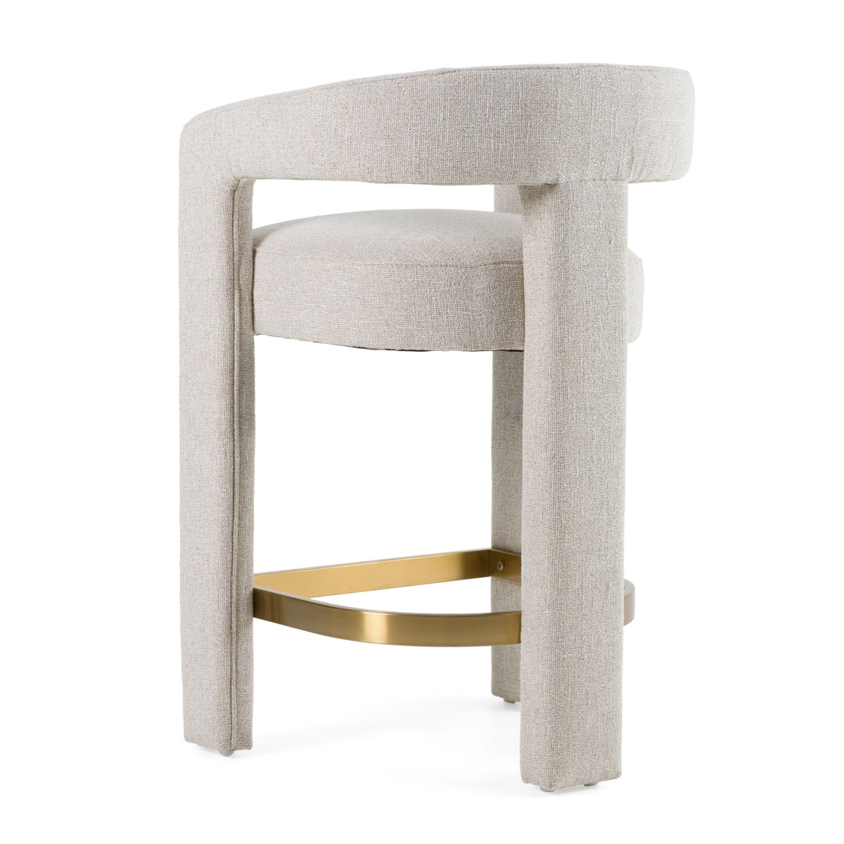Beige Linen Counter Stool, Counter Chair with Arms and Brass Footrest