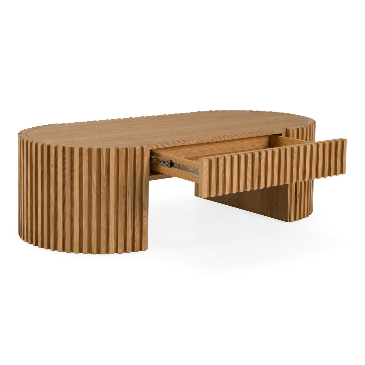 Oval Wood Coffee Table with Drawer, Natural Ash Modern Living Room Table