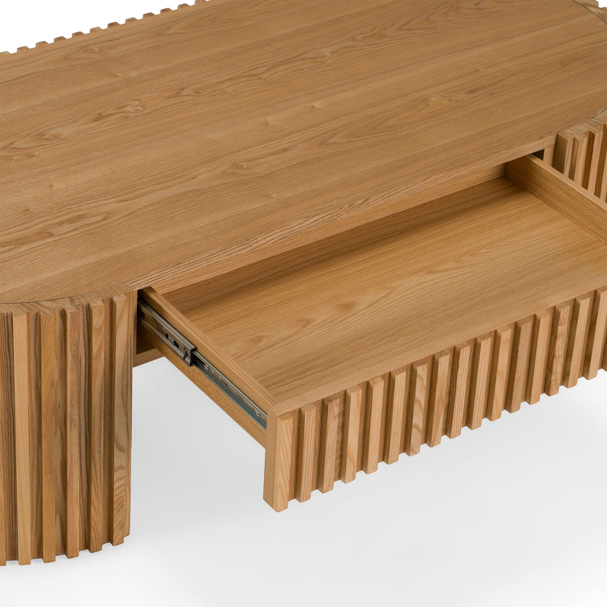 Oval Wood Coffee Table with Drawer, Natural Ash Modern Living Room Table