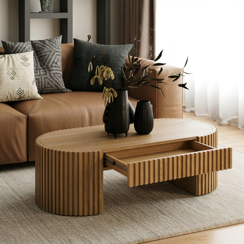 Oval Wood Coffee Table with Drawer, Natural Ash Modern Living Room Table