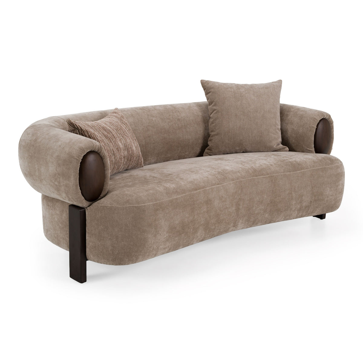 Tan Fabric Loveseat Sofa, Modern Round Arm Couch with Wood Accents