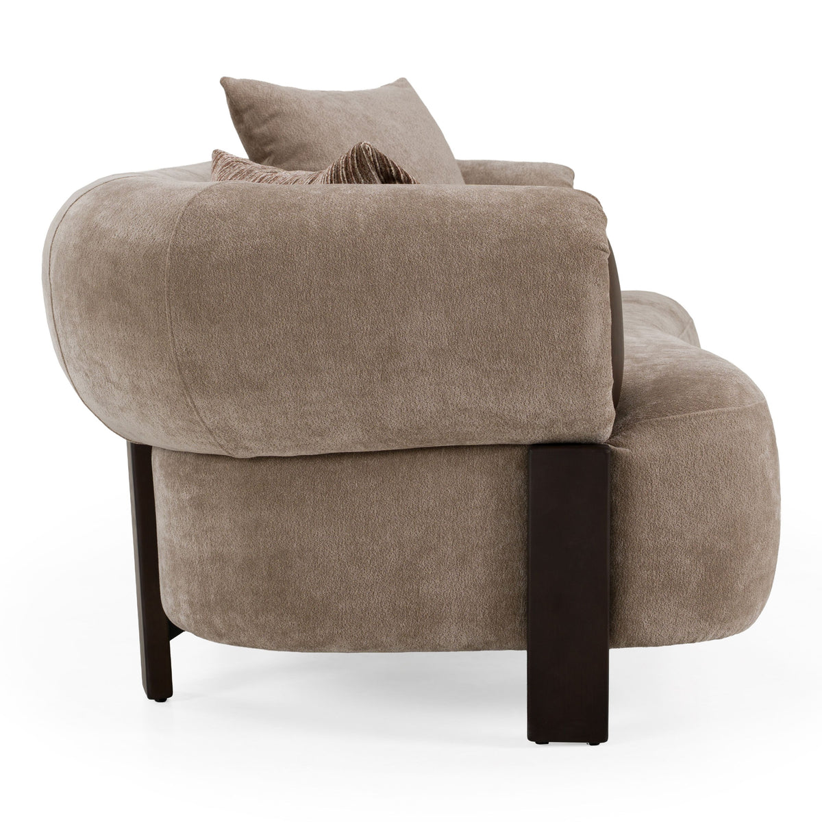 Tan Fabric Loveseat Sofa, Modern Round Arm Couch with Wood Accents