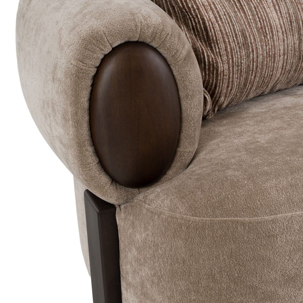 Tan Fabric Loveseat Sofa, Modern Round Arm Couch with Wood Accents