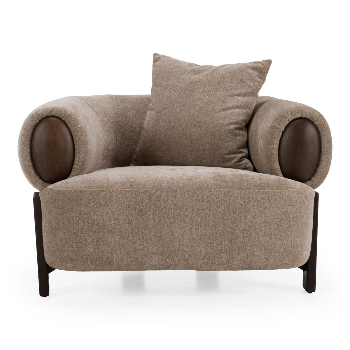 Tan Fabric Accent Chair, Modern Round Arm Lounge Chair with Wood Accents