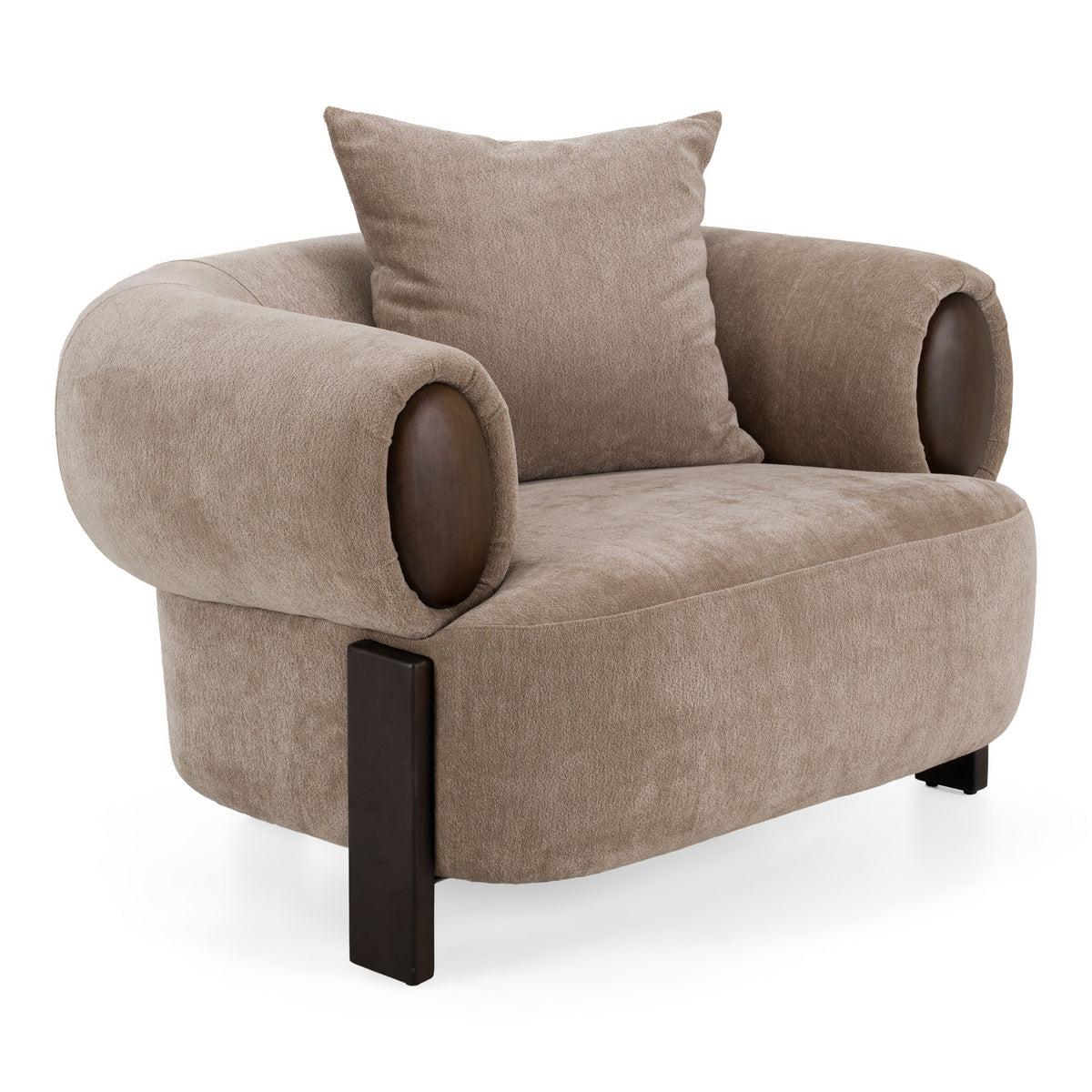 Tan Fabric Accent Chair, Modern Round Arm Lounge Chair with Wood Accents
