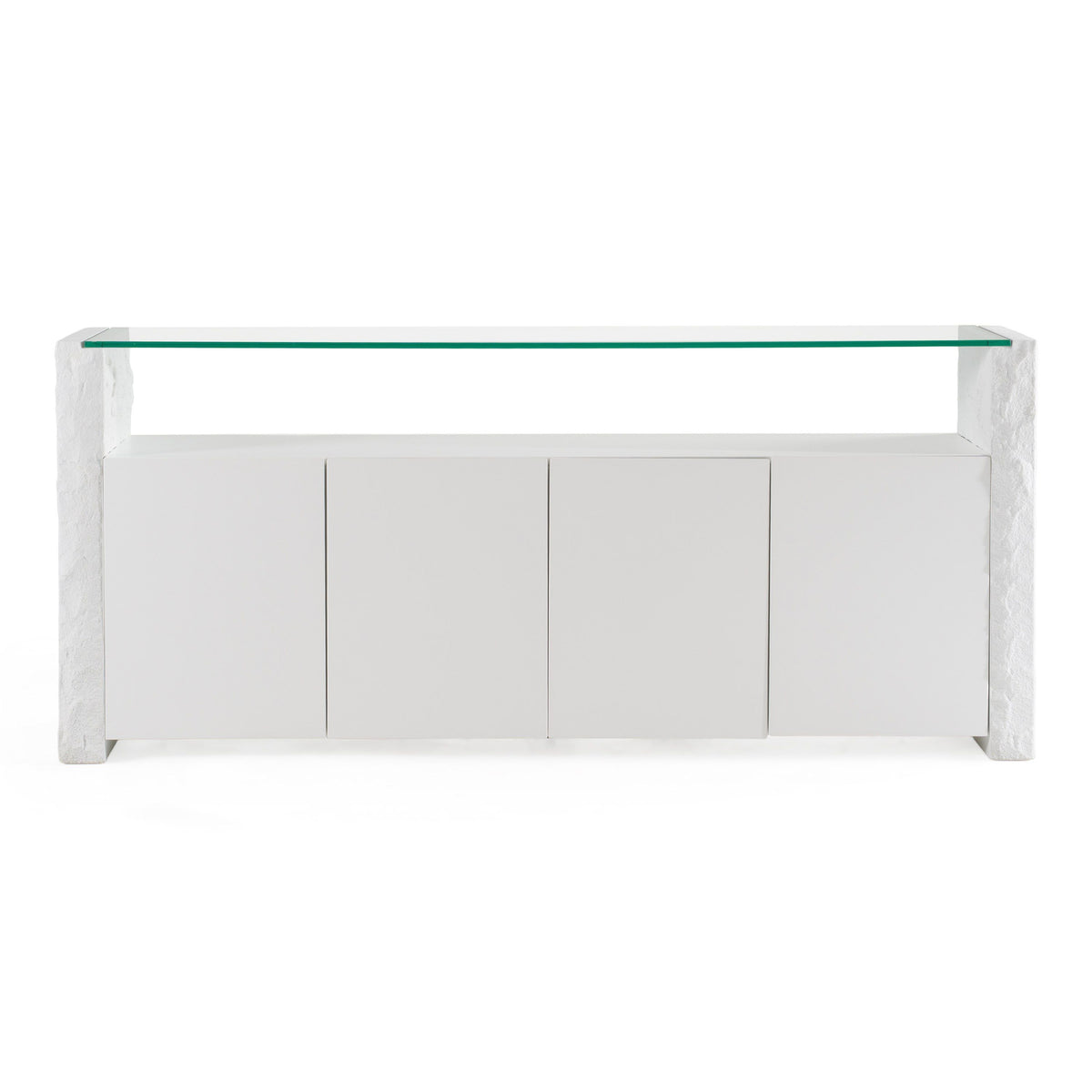 White Buffet Cabinet with Glass Top, Modern Sideboard with Soft Close Doors