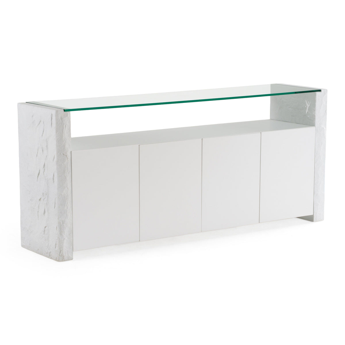White Buffet Cabinet with Glass Top, Modern Sideboard with Soft Close Doors