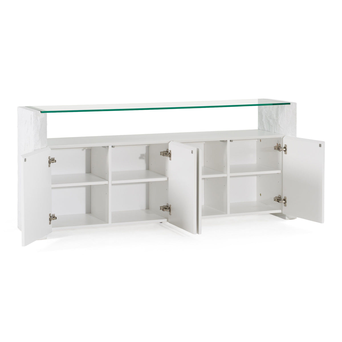 White Buffet Cabinet with Glass Top, Modern Sideboard with Soft Close Doors