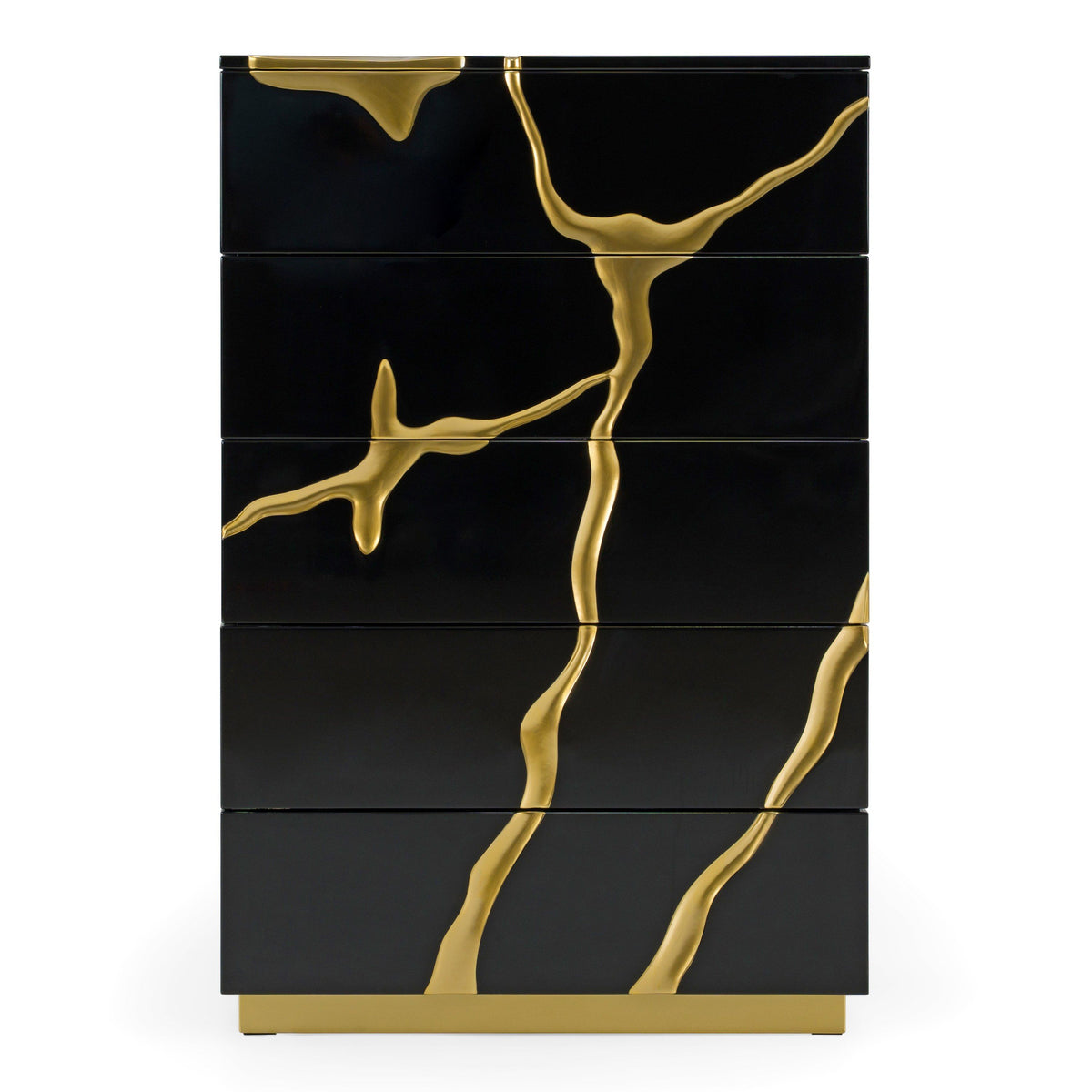 Black and Gold Chest of Drawers, High Gloss Modern Tall Dresser