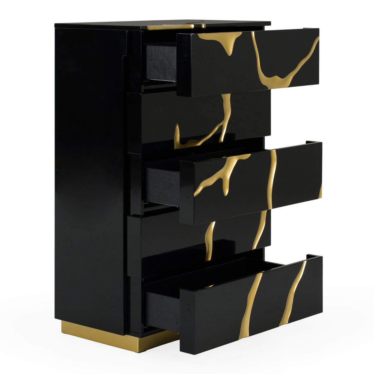 Black and Gold Chest of Drawers, High Gloss Modern Tall Dresser