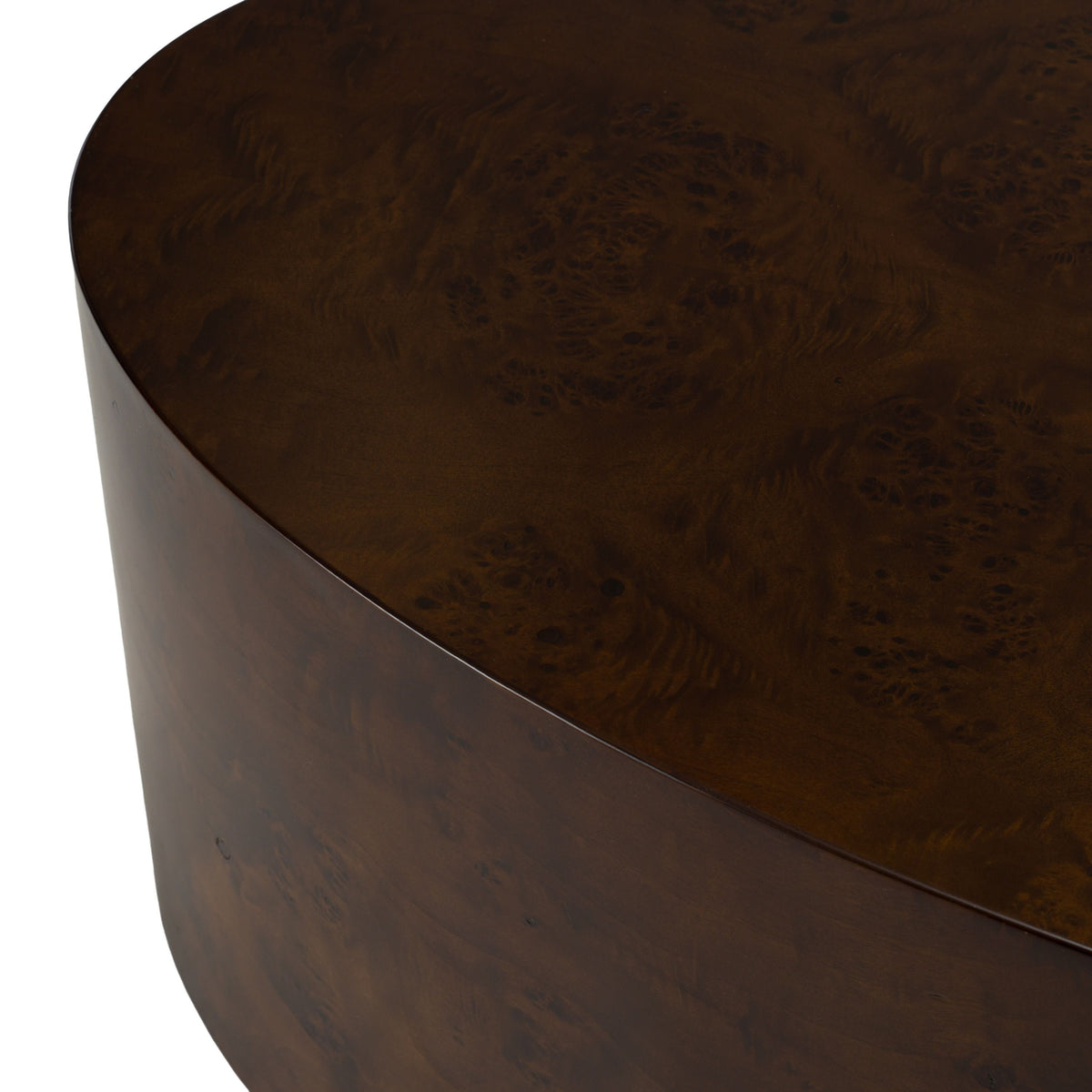 Walnut Burl Oval Coffee Table, Modern Dark Wood Block Base Cocktail Table