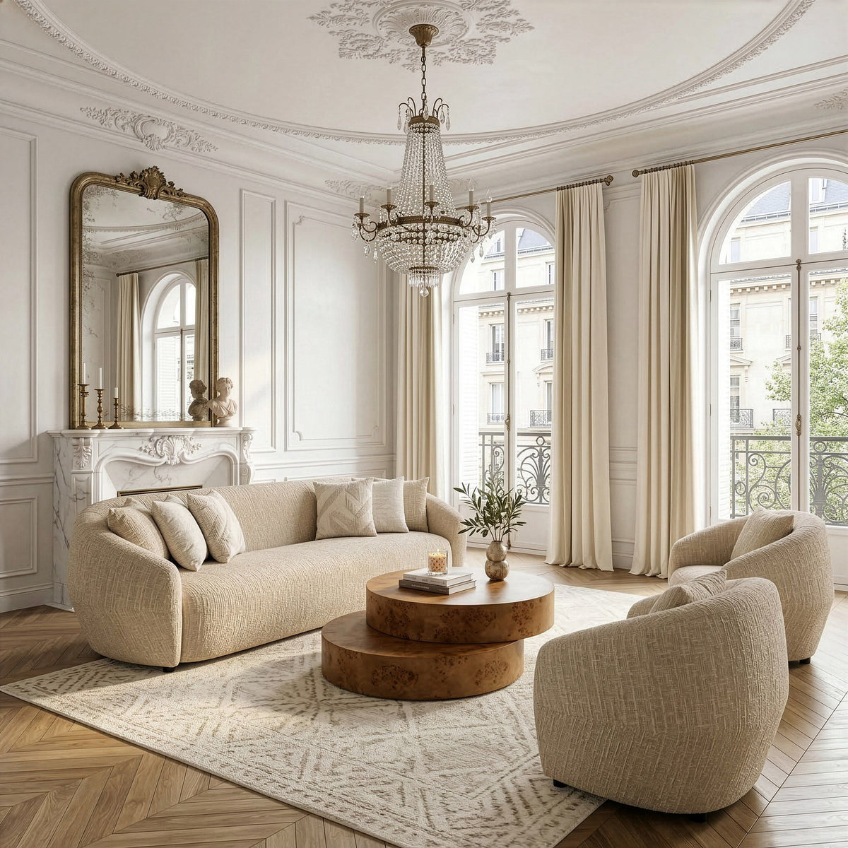 Beige Patterned Sofa, Extra Long Curved Arm Couch