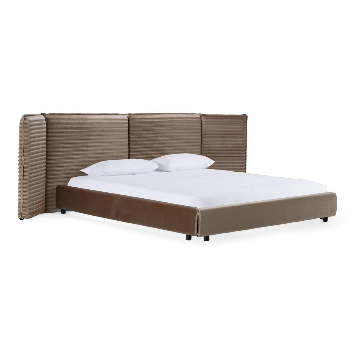 Dark Taupe Velvet King Bed, Wide Panel Headboard Upholstered Bed