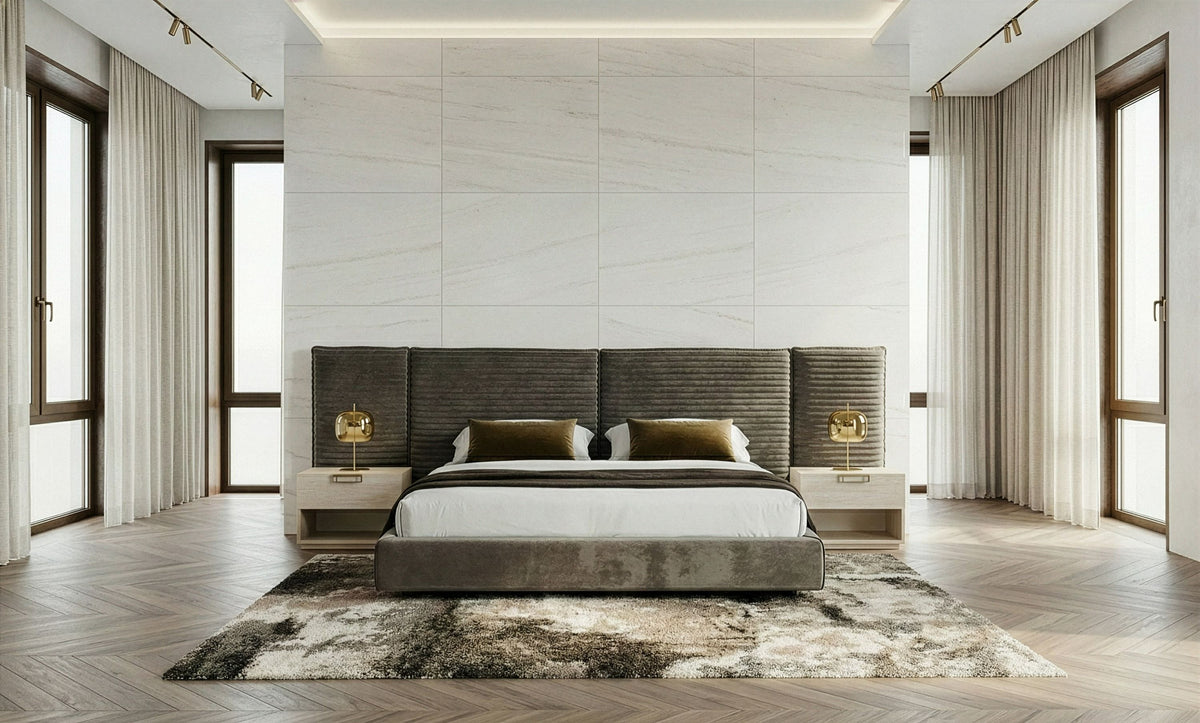 Dark Taupe Velvet King Bed, Wide Panel Headboard Upholstered Bed