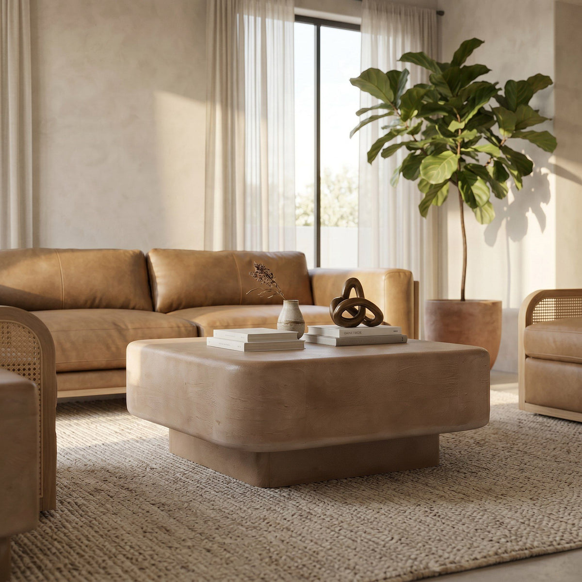Square Mango Wood Coffee Table, Rustic Modern Block Coffee Table