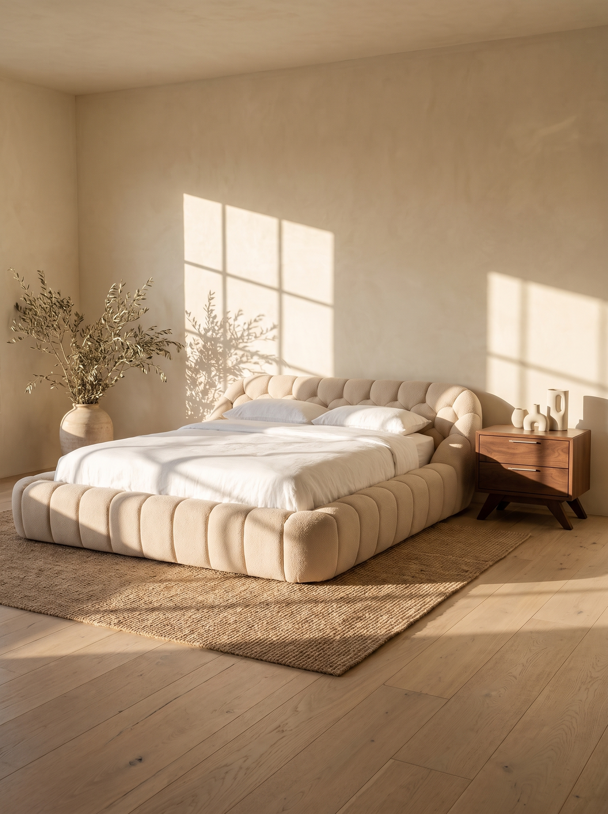 Beige Teddy Fabric Bedroom Set in a styled room