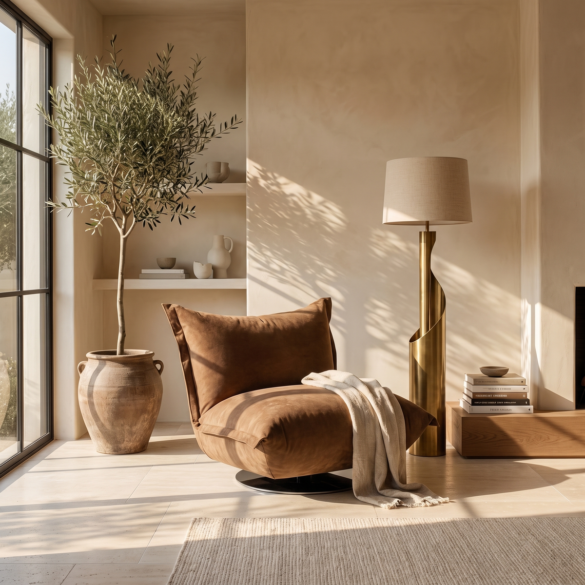 Camel Velvet Swivel Accent Chair in a styled room