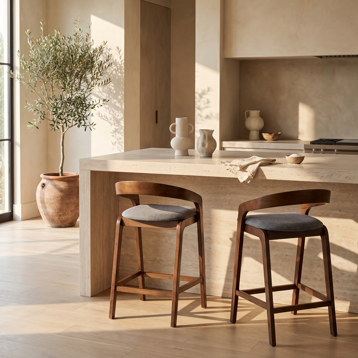 Walnut Counter Stools Set in a styled room