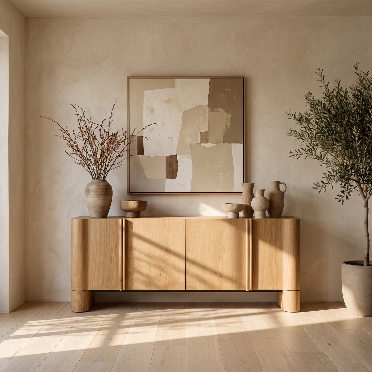 White Oak Sideboard Buffet in a styled room