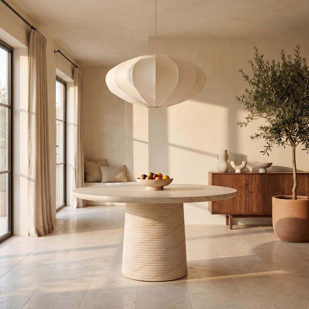 Round Travertine Look Dining Table in a styled room