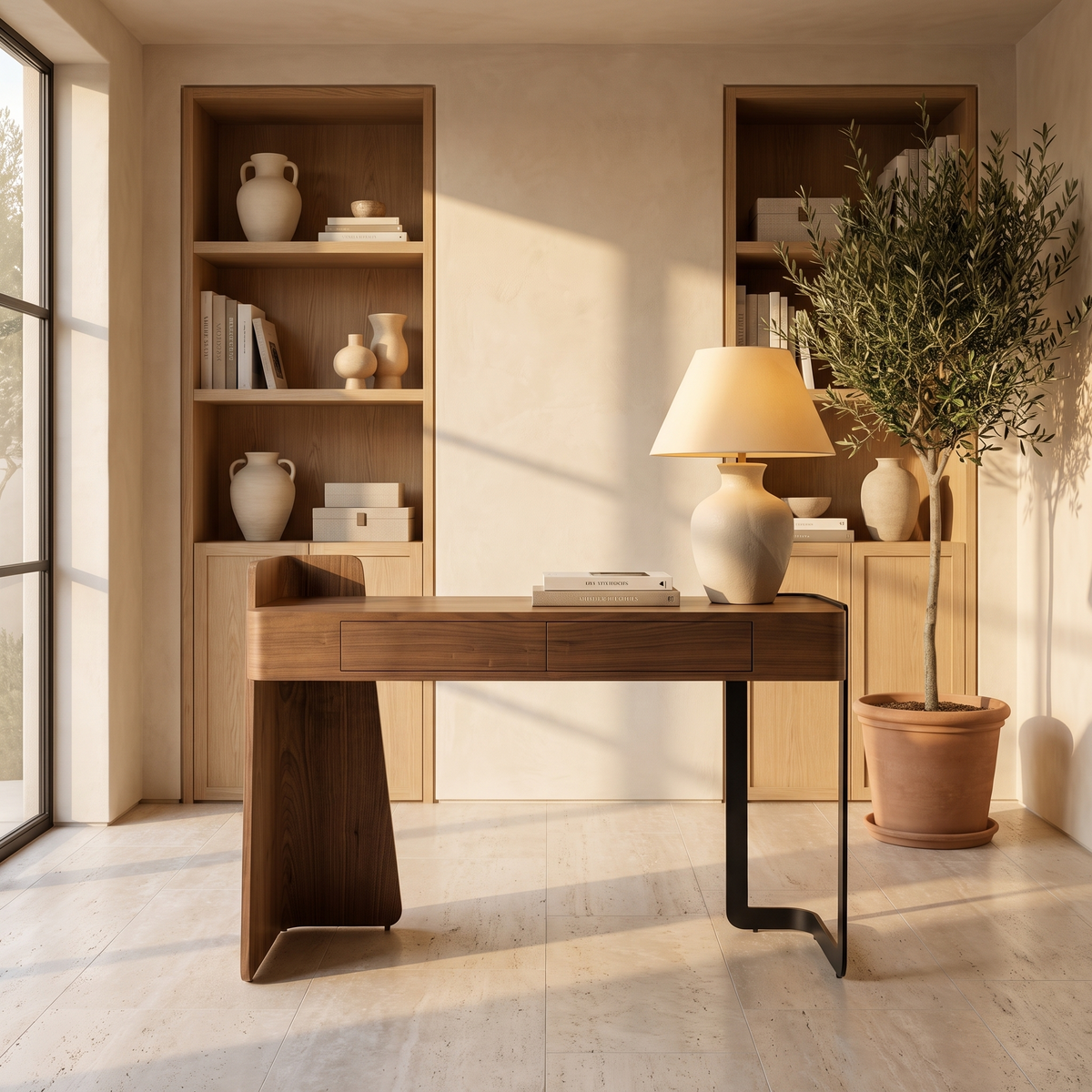 Walnut Writing Desk With Drawers in a styled room