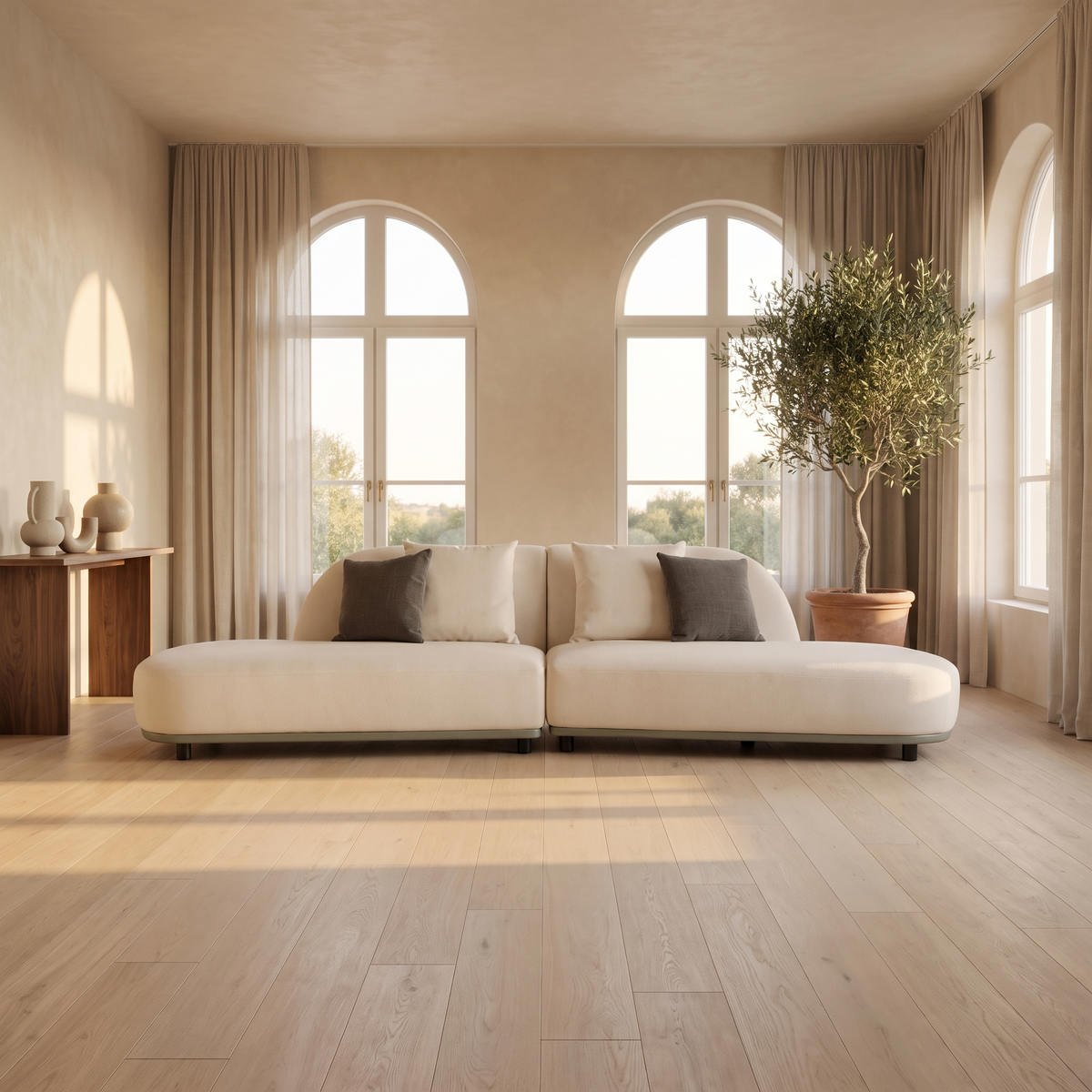 Off White Curved Sectional Sofa in a styled room