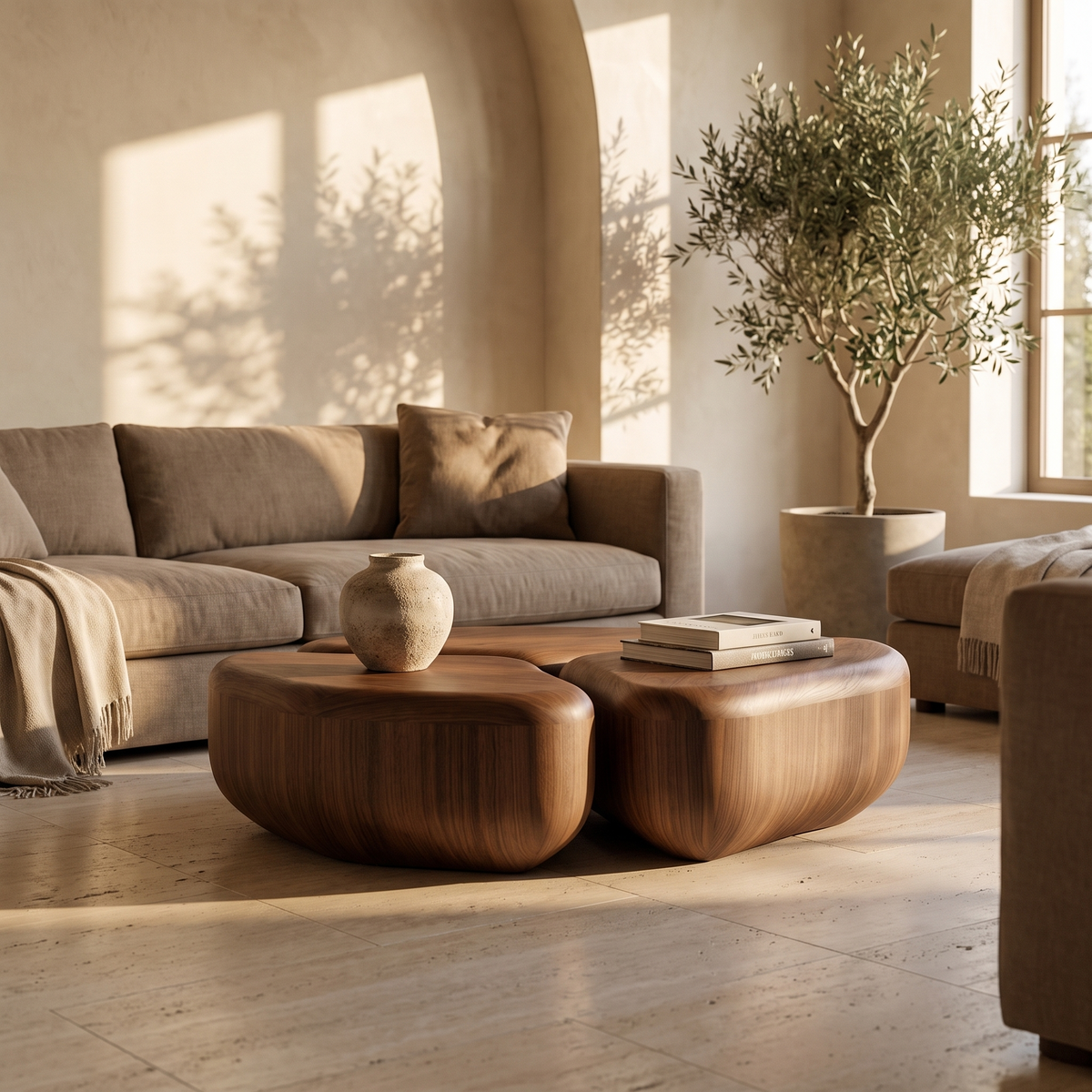 Round Walnut Coffee Table Set in a styled room