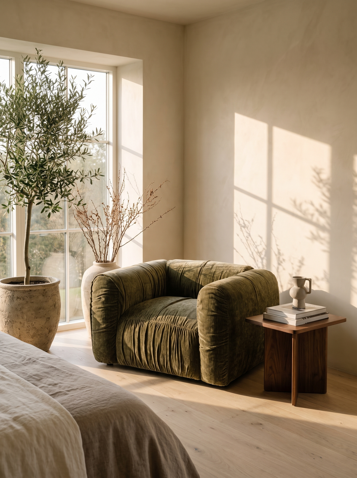 Olive Green Lounge Chair in a styled room