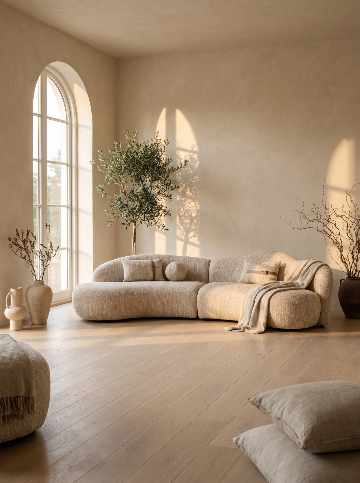 Curved Sectional Sofa Beige in a styled room