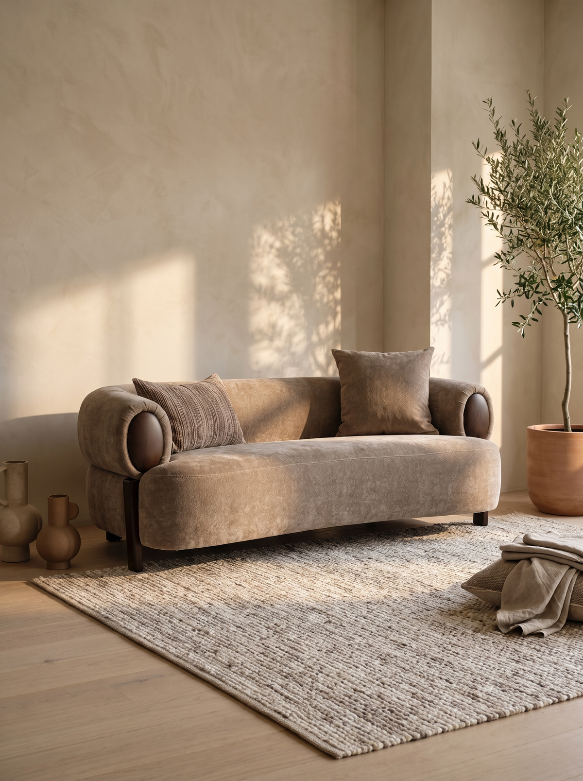 Tan Fabric Loveseat Sofa in a styled room
