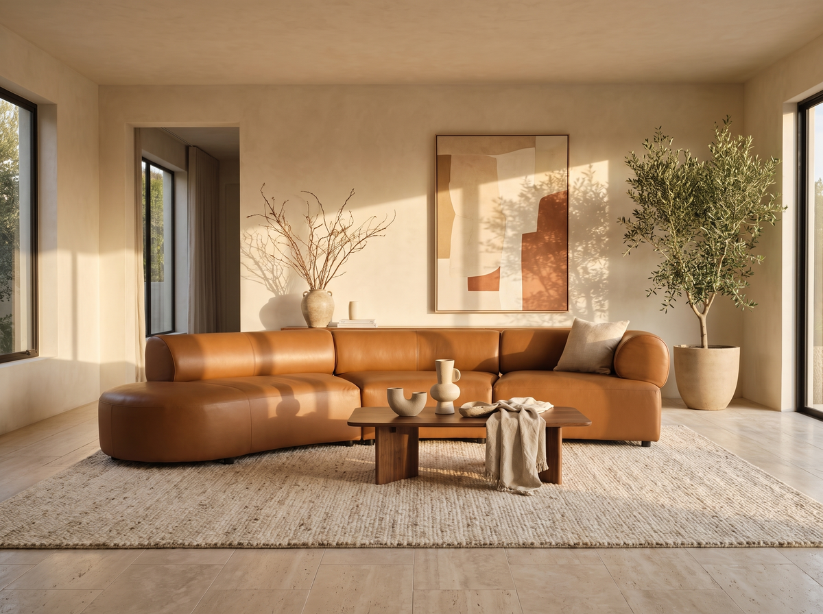 Brown Leather Sectional Sofa With Chaise in a styled room