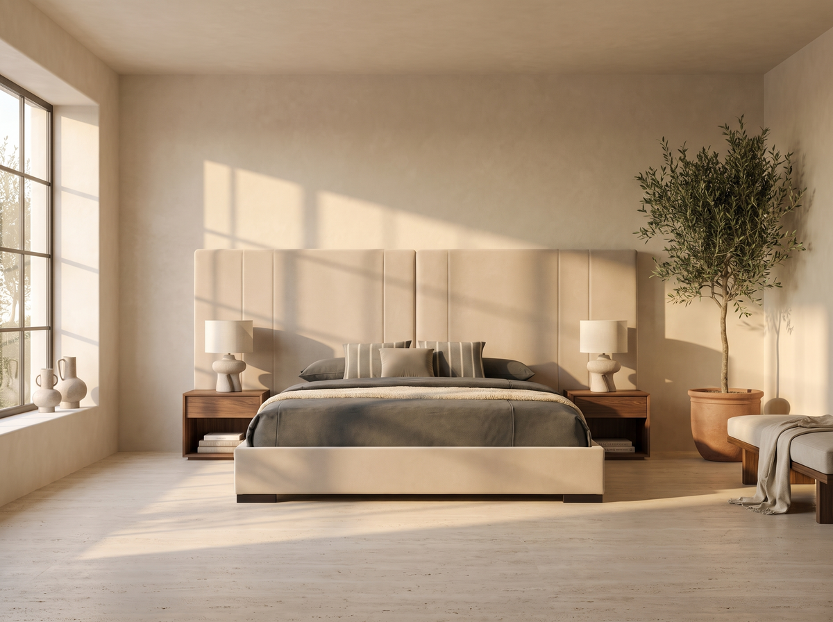Beige Wide Headboard Bed Frame in a styled room