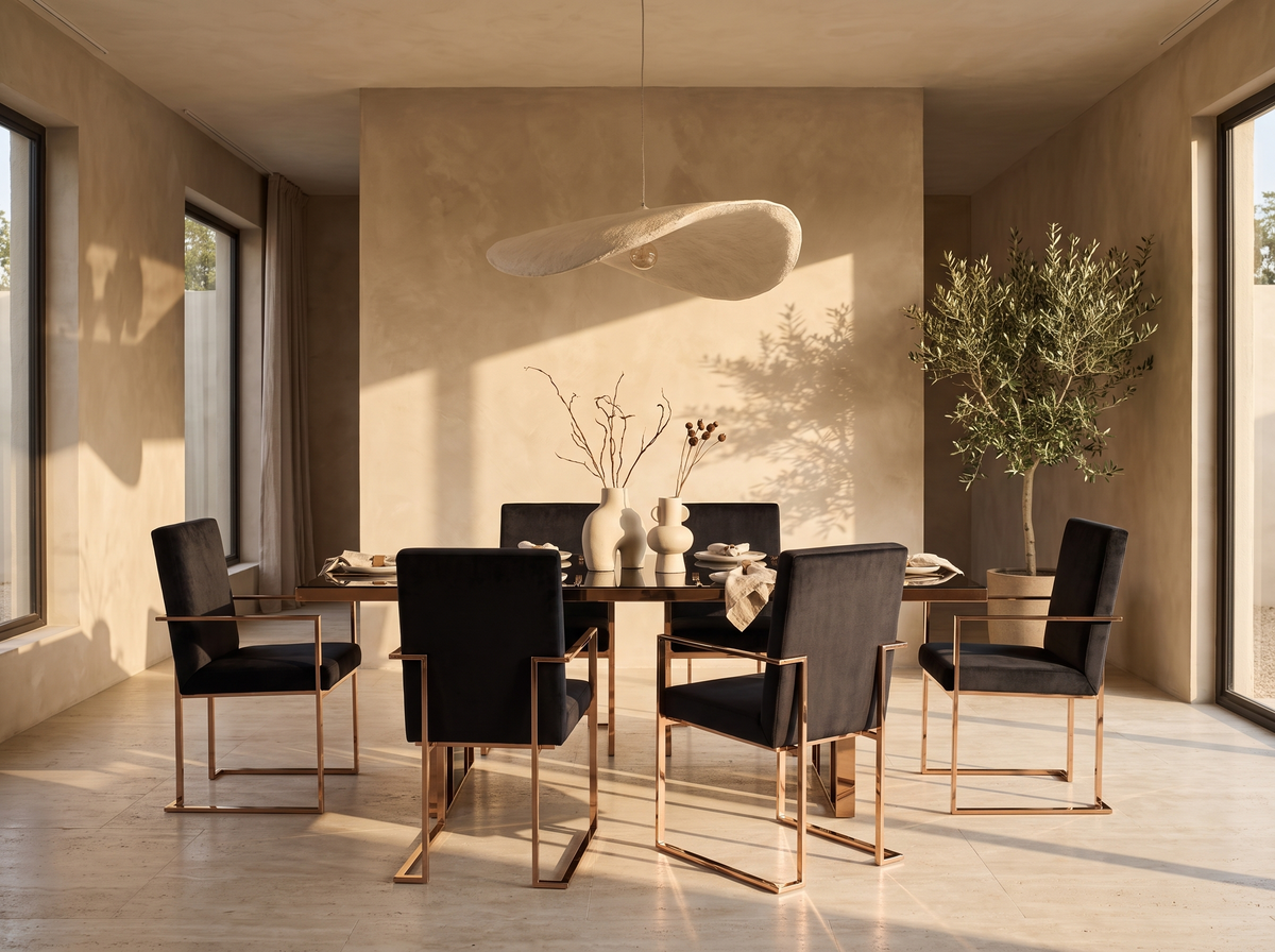 Black Glass Dining Table Set in a styled room