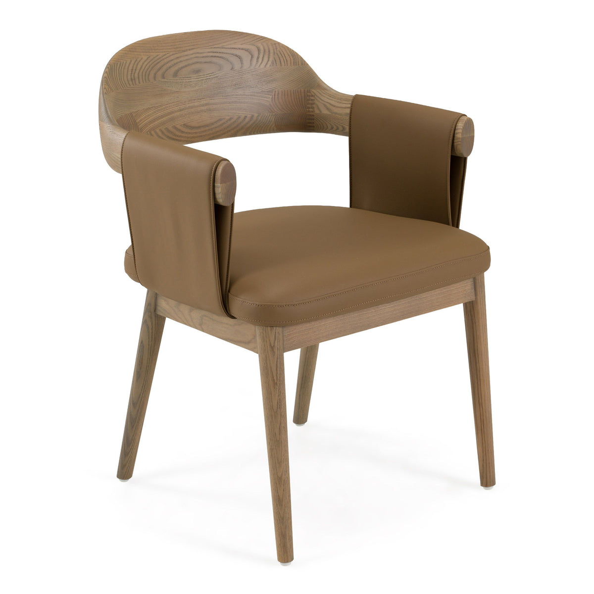 Brown Vegan Leather Dining Chair, Modern Ash Wood Dining Arm Chair