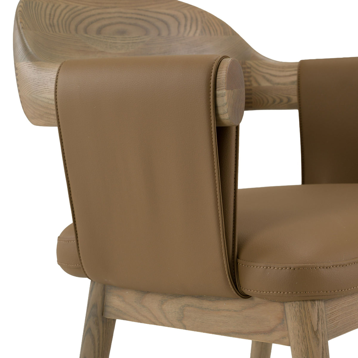 Brown Vegan Leather Dining Chair, Modern Ash Wood Dining Arm Chair