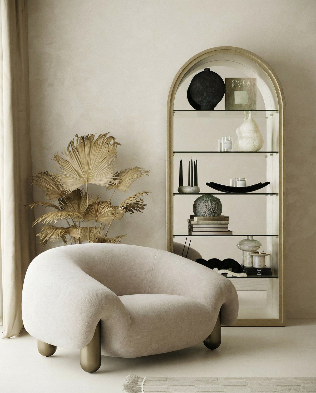 Oversized Light Gray Accent Chair, Contemporary Lounge Chair, Brass Legs