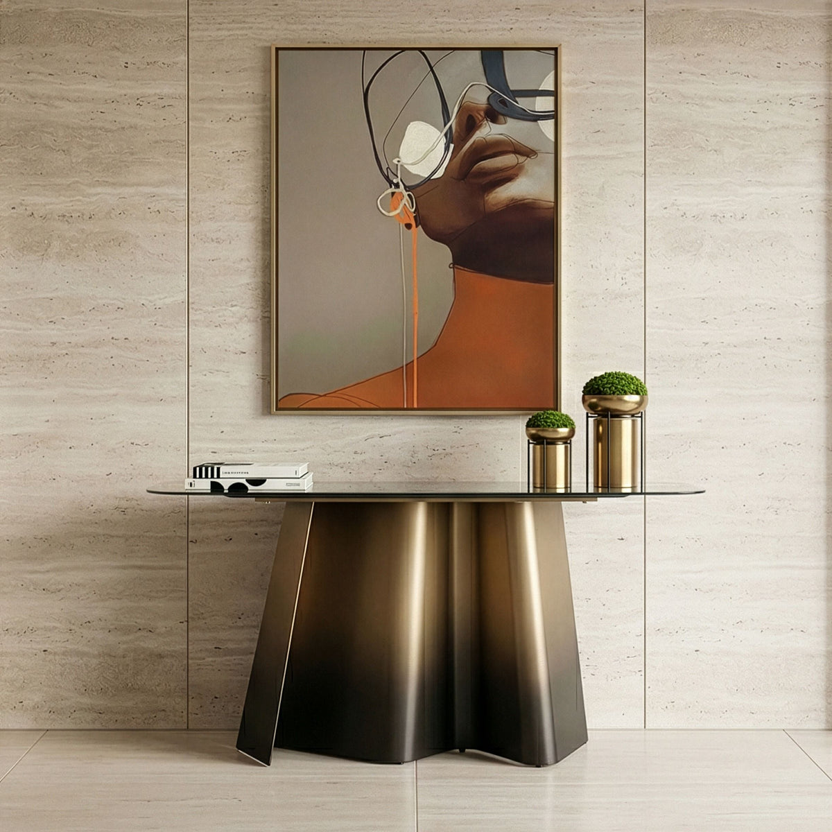 White Ceramic Console Table, Modern Brushed Bronze Entryway Table