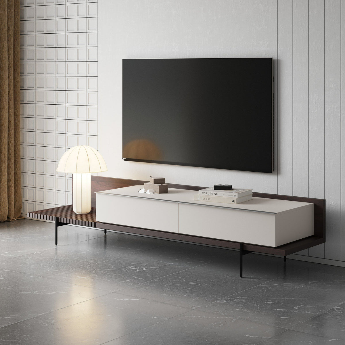 Walnut and Beige TV Stand, Modern Media Console with Drawers