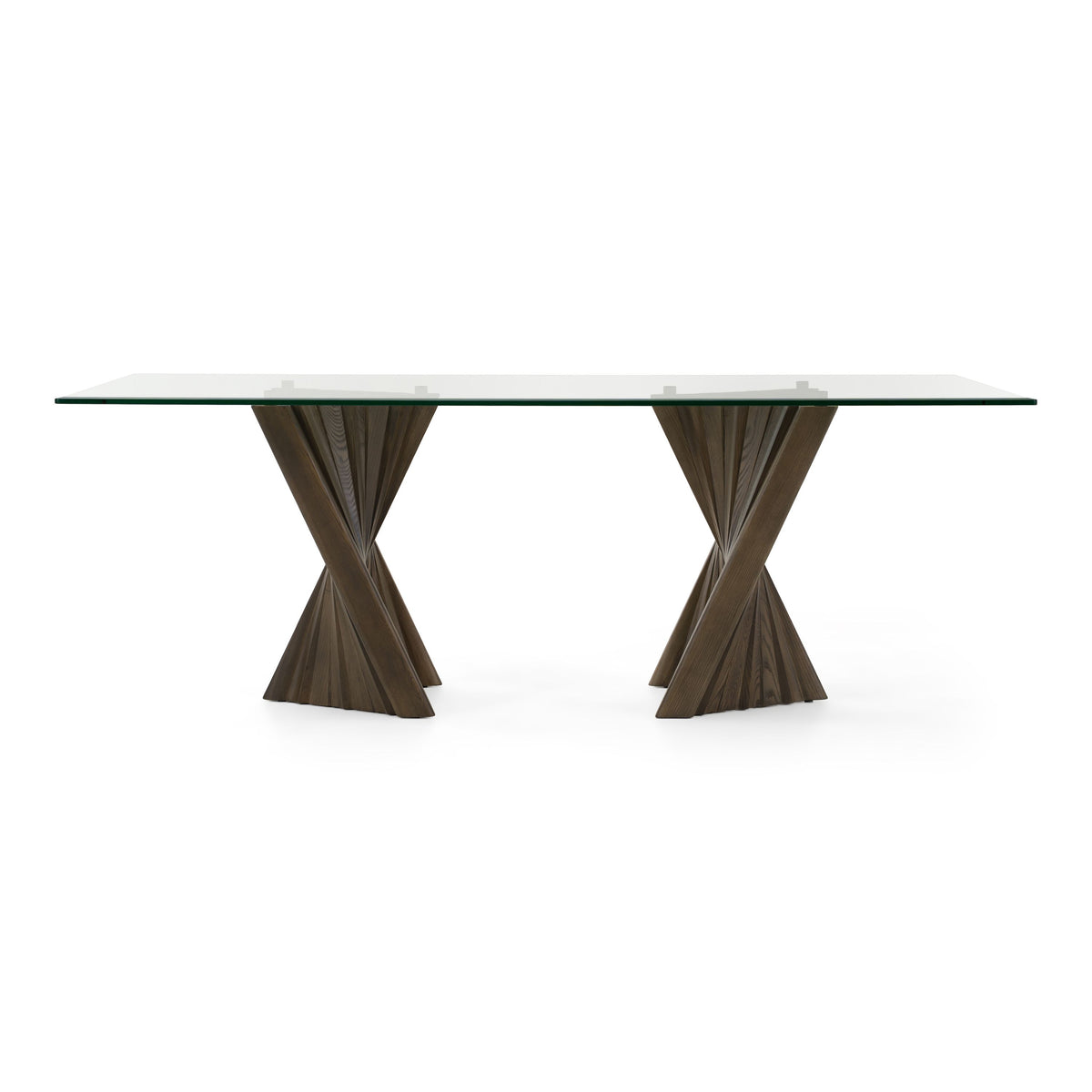 Mid Century Glass Dining Table, Tempered Glass Top with Ash Wood Base
