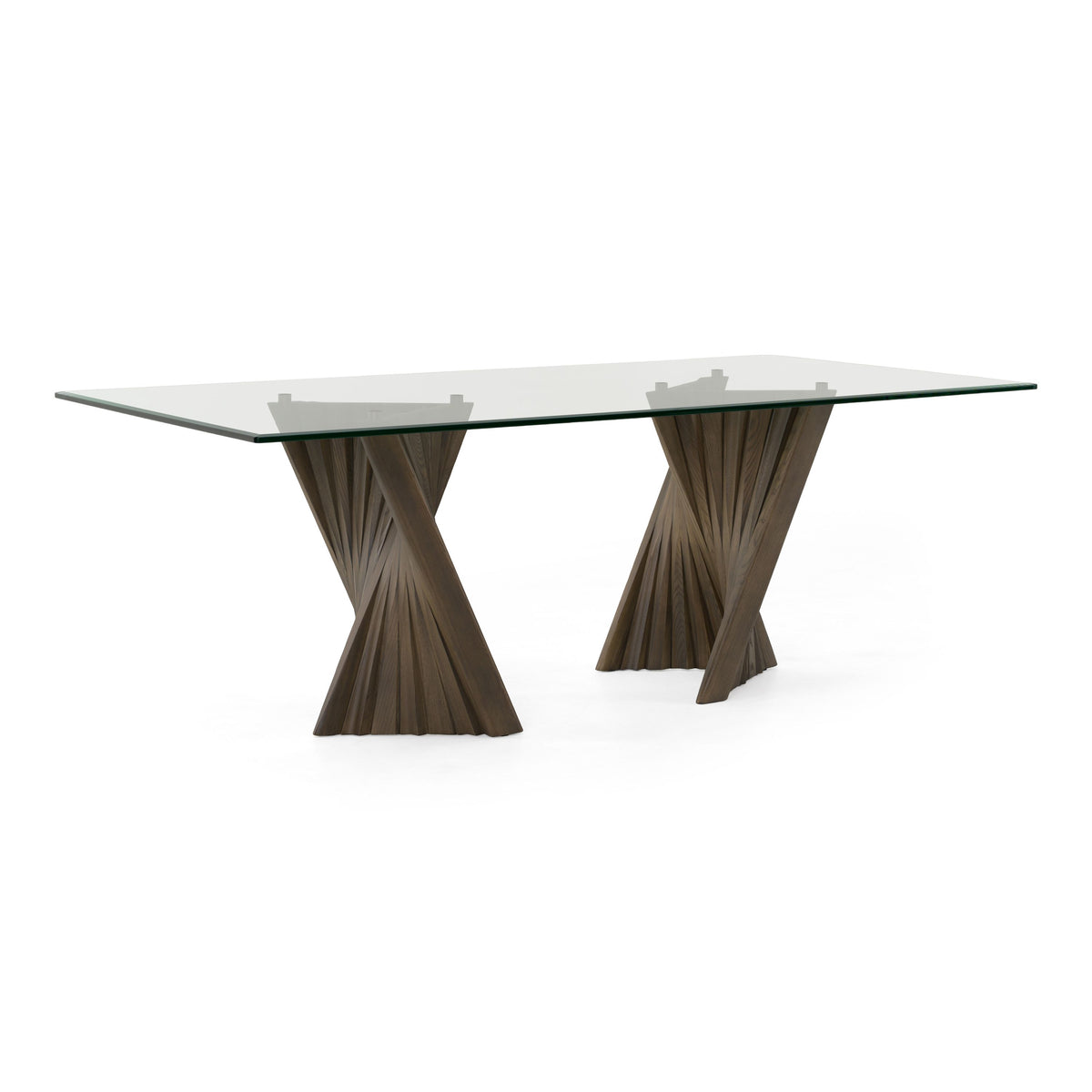 Mid Century Glass Dining Table, Tempered Glass Top with Ash Wood Base