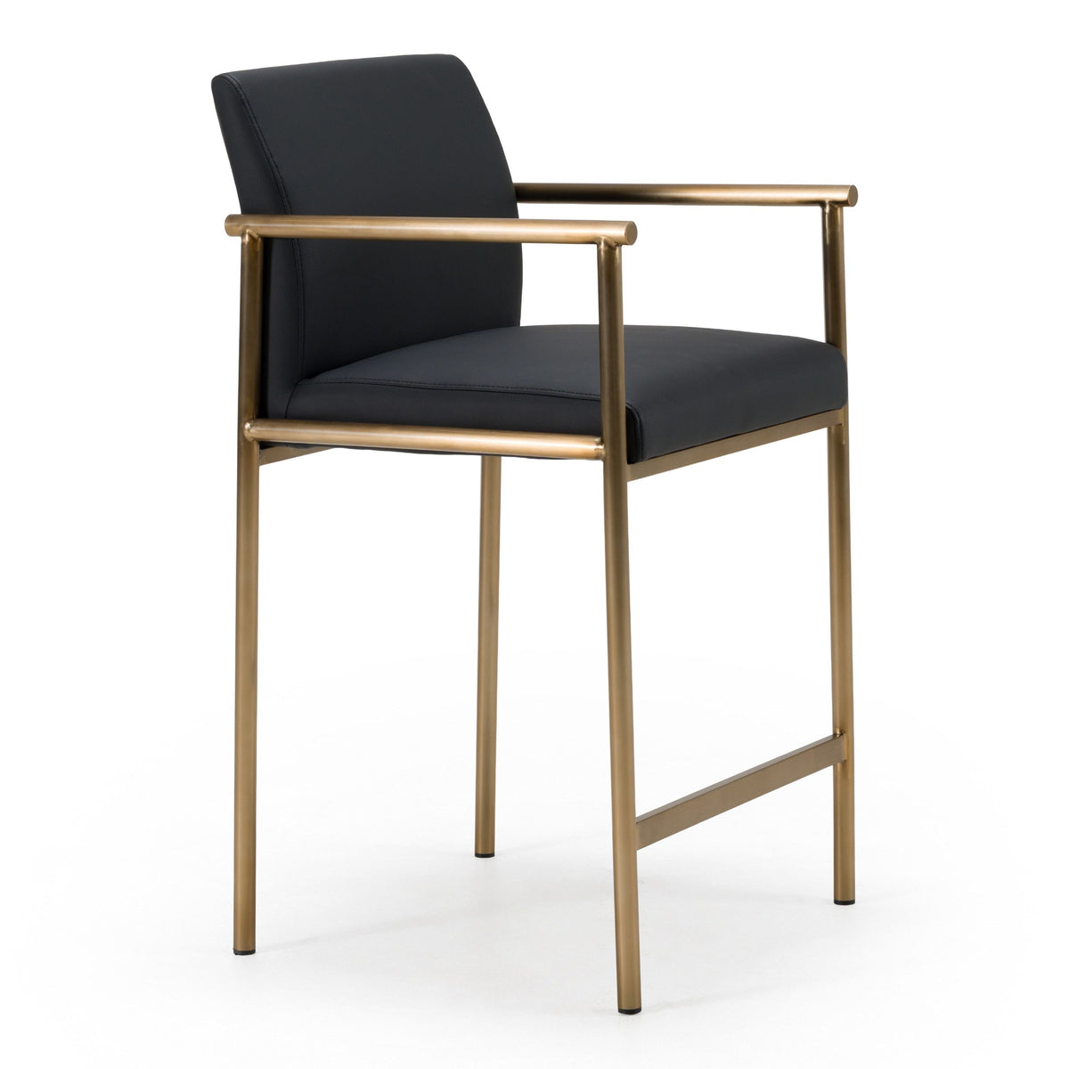 Black Vegan Leather Counter Stool, Modern Bucket Seat Stool with Brass Legs