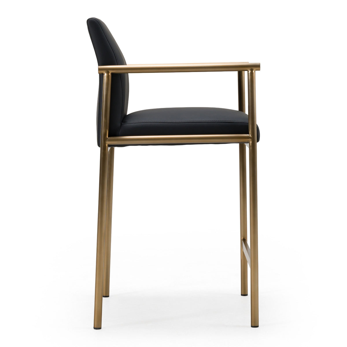 Black Vegan Leather Counter Stool, Modern Bucket Seat Stool with Brass Legs