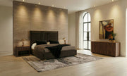 Brown Velvet Bedroom Set, Channel Tufted Bed with Walnut Dresser