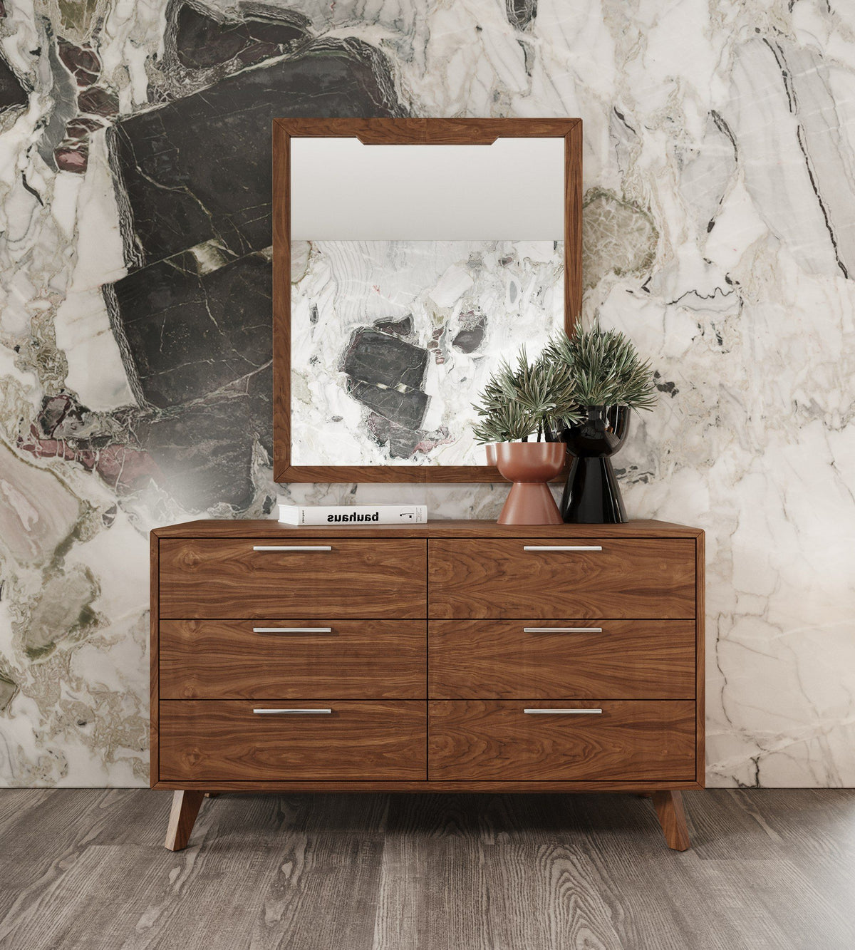 Beige Teddy Fabric Bedroom Set, Hexagon Tufted Bed with Walnut Dresser