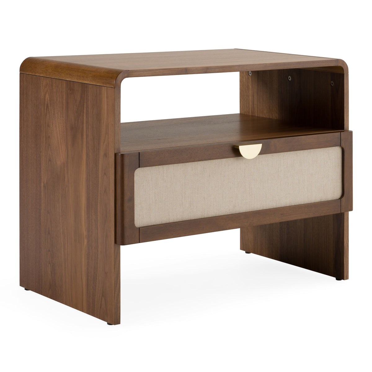 Burlap and Walnut Nightstand, Modern Upholstered Drawer Bedside Table