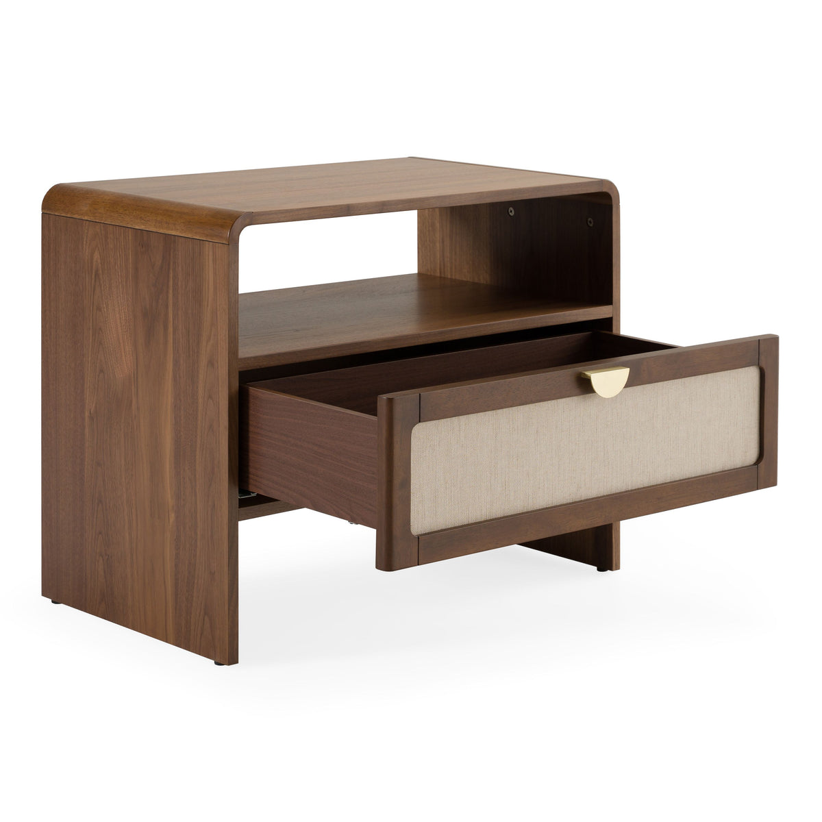 Burlap and Walnut Nightstand, Modern Upholstered Drawer Bedside Table